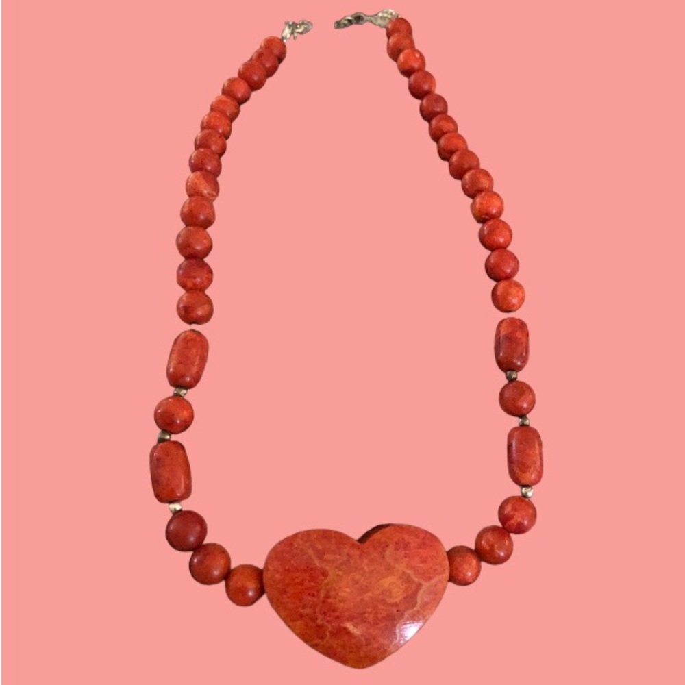 Vintage Necklace w/ Orange and Silver Beads and Center Heart
